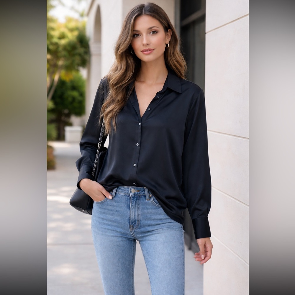 Illa Illa Black Silky Polyester Blouse Long Sleeves Button Down Oversized